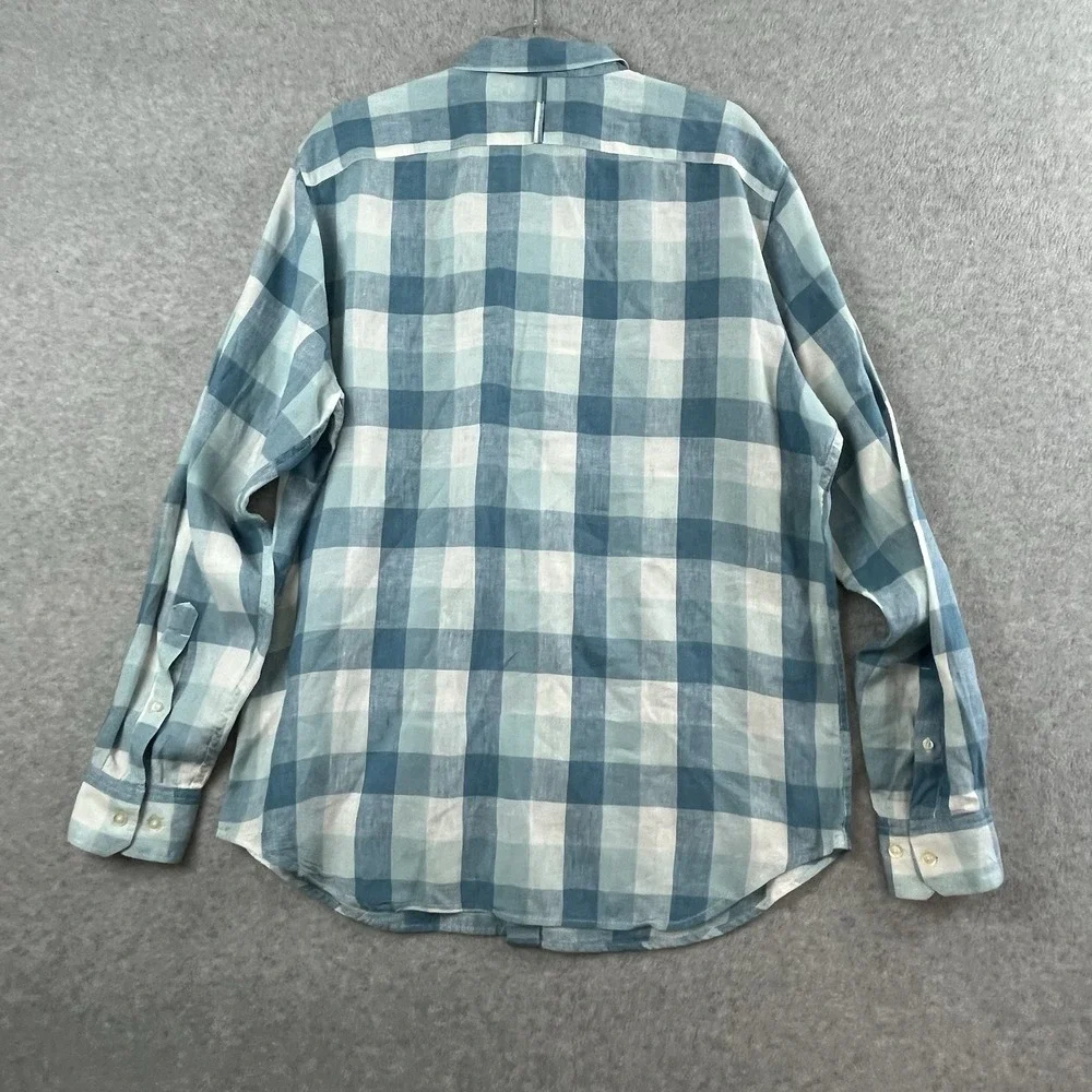 Banana Republic Shirt Mens Large Camden Fit Linen Button Down Blue Plaid Summer